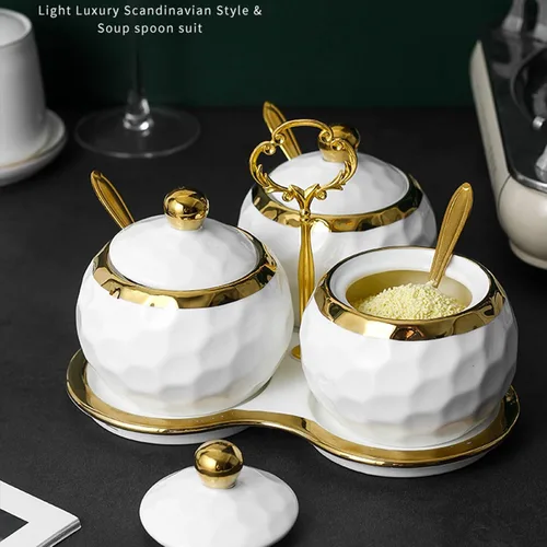 Vista 8 de Recipiente de porcelana de golf para condimentos y sal con tapa, cuchara y bandeja, juego de 3, moderno tarro de condimentos para especias, blanco