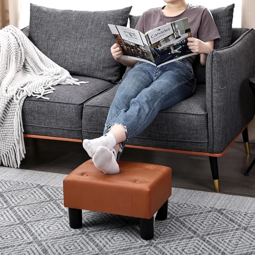 Vista 72 de Adeco 15.4" Small Footstool Ottoman for Footrest, Modern Rectangle Step Stool Extra Seating with Non-Skid Plastic Legs for Living Room, Couch, Brown