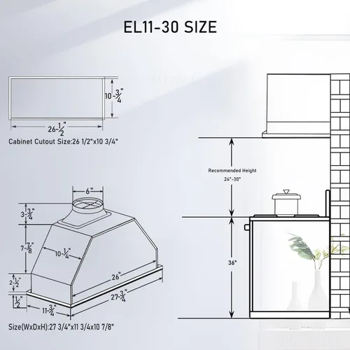 Vista 6 de Campana extractora de 30 pulgadas, 800 CFM, ultra silenciosa, campana de ventilación de 3 velocidades, sin conductos, campana extractora integrada