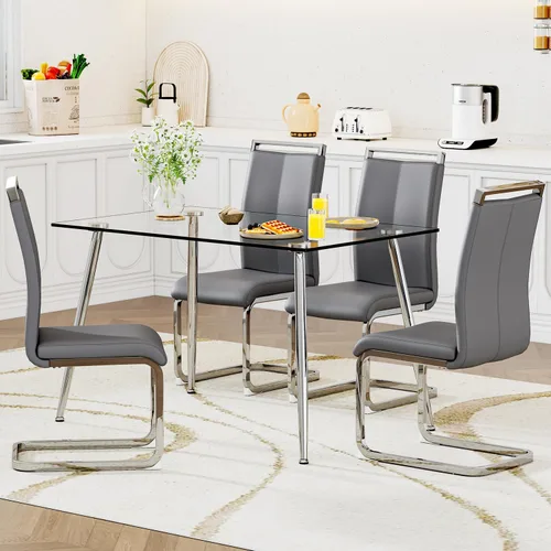 Vista 25 de Juego de mesa de comedor de cristal de Ebullient para 4 personas, juego de 5 piezas con 4 sillas de comedor de piel sintética negras, tablero