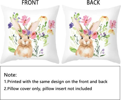 Vista 5 de Juego de 2 fundas de almohada de Pascua de 16 x 16 pulgadas, diseño floral de conejito de Pascua de primavera, fundas de cojín decorativas de conejo