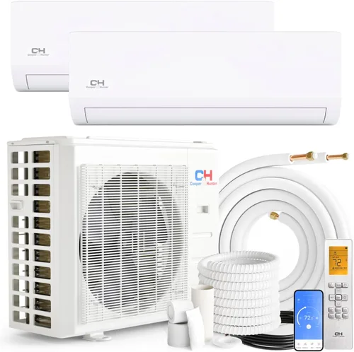 Cooper & Hunter 18,000 BTU Dual 2-Zona 9K + 9K BTU Montaje en Pared Mini Split Aire Acondicionado y Bomba de Calor Sin Conductos – 22.5 SEER – Kits