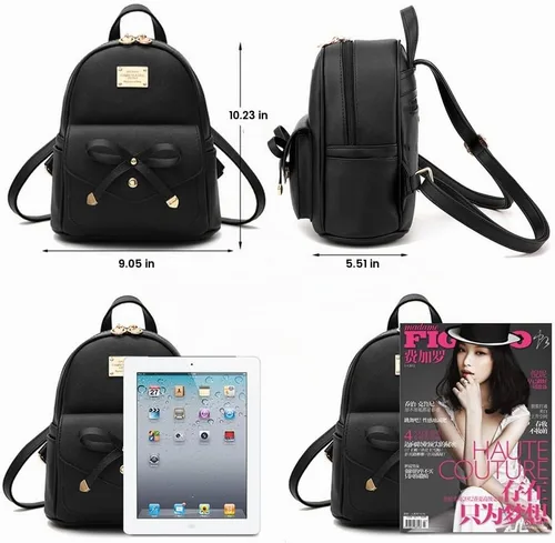 Vista 5 de Mochila pequeña para niñas y mujeres, de cuero, a la moda, para el día a día, Negro), .