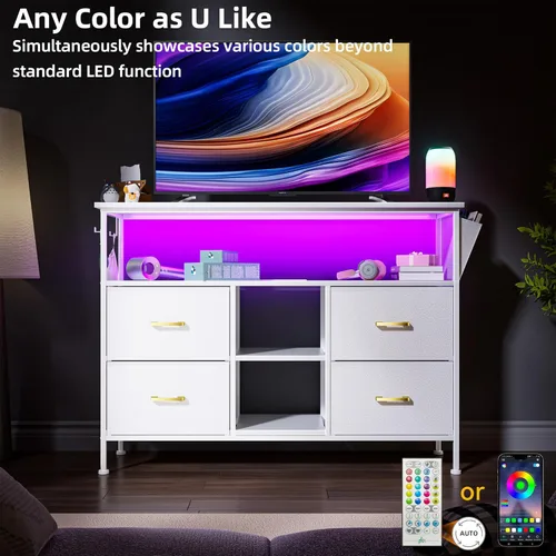 Vista 28 de Cómoda para dormitorio, soporte de TV con tomas de corriente y luz LED, cómoda de 6 cajones con bolsillos laterales y ganchos, cómoda ancha