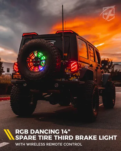 Vista 2 de Xprite Luz de freno de neumático de repuesto RGB, luz de rueda trasera de doble anillo compatible con Jeep Wrangler JK JKU 2007-2018, tercera