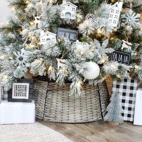 Vista 5 de AuldHome Design Collar de mimbre para árbol de Navidad (gris lavado, 29 pulgadas), falda de árbol de sauce grande con tejido de cesta de madera real