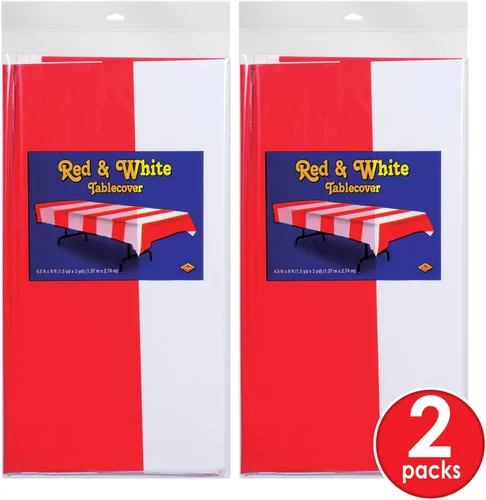 Vista 2 de Beistle Manteles de mesa de rayas rojas y blancas, 54 x 108 pulgadas, 2 piezas - Mantel de plástico, decoraciones de fiesta temática de carnaval