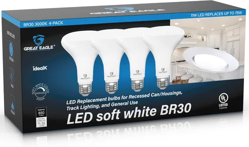 Vista 14 de Great Eagle Lighting Corporation Bombilla LED BR30, 11 W (equivalente a 75 W), 850 lúmenes, 2700 K (blanco cálido), para uso empotrado, regulable