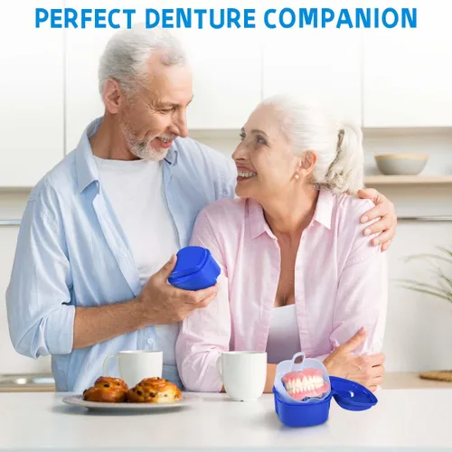 Vista 5 de KISEER Paquete de 3 cajas de baño para dentaduras postizas, contenedor de almacenamiento con cesta coladora para limpieza de viajes