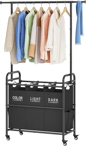 Tajsoon Carrito clasificador de ropa sucia con estante para colgar, clasificador de ropa sucia de 3 secciones, cesta de lavandería con ruedas
