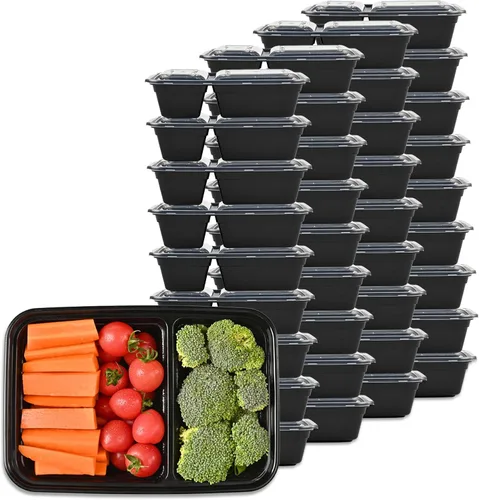 Vista 9 de Contenedores de preparación de comidas para festivales deportivos, aptos para microondas, paquete de 16 unidades, 2 compartimentos con tapas