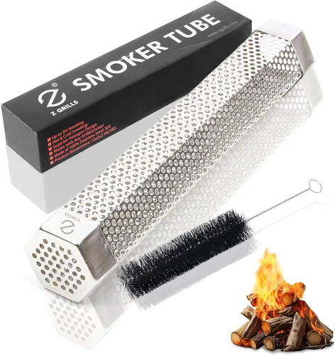 Z GRILLS Tubo de ahumador de pellets con 2 ganchos y cepillo, malla de humo de 12 pulgadas de acero inoxidable para ahumar frío/caliente