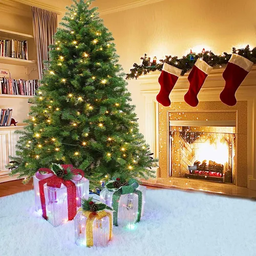 Vista 6 de Cajas de regalo iluminadas de Navidad con control remoto, juego de 3 cajas de regalo de tela con purpurina iluminada con 60 luces de cambio