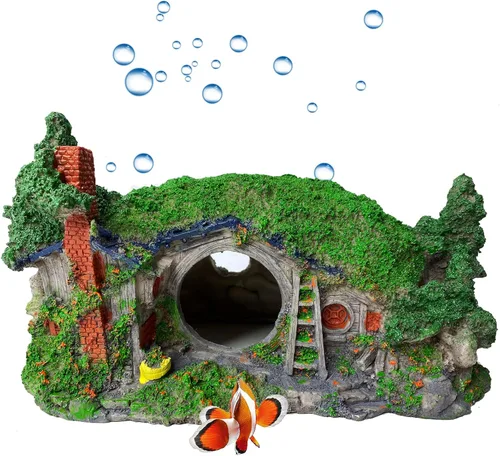 kathson Gran decoración de acuario Hobbit House Cueva, 10.6 x 7 x 5.9 pulgadas, resina, escondite de peces Betta, refugio para reptiles, refugio,