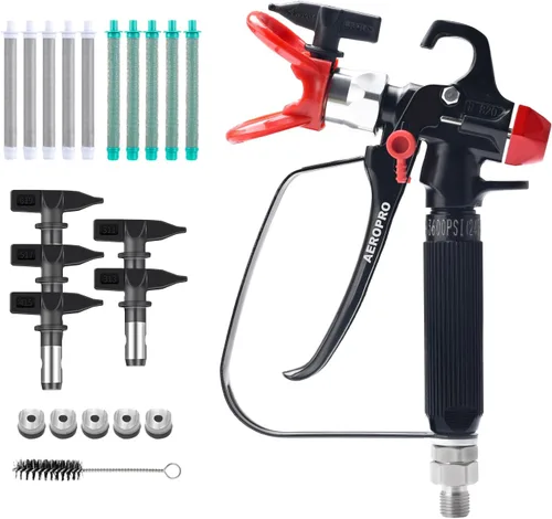 AEROPRO Tools Pistola pulverizadora de pintura sin aire con 5 puntas de pulverización y 10 filtros, junta giratoria de alta presión de 3600 PSI, kit