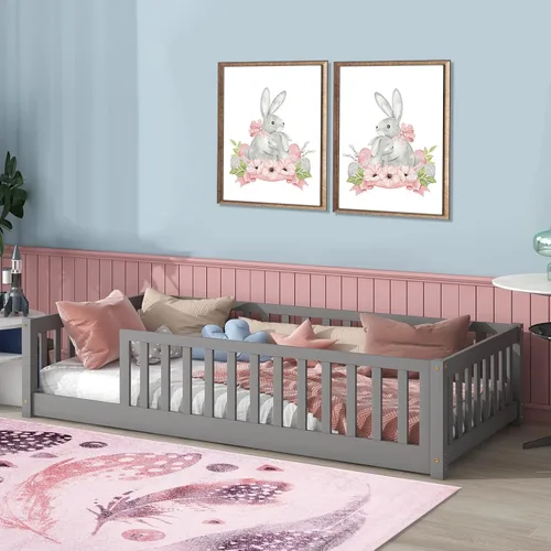 Vista 22 de Tatub Cama de suelo individual con rieles, puerta y listones, marco de cama Montessori de madera para niños y niñas, rosa