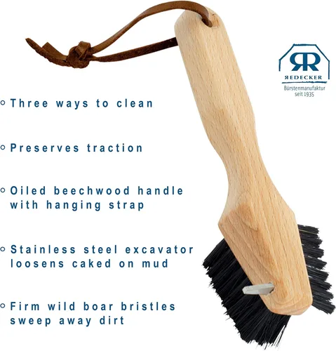 Vista 4 de REDECKER Cepillo de suela para zapatos, cerdas de jabalí, madera de haya engrasada y diseño de acero inoxidable, 3 formas de limpiar, fabricado