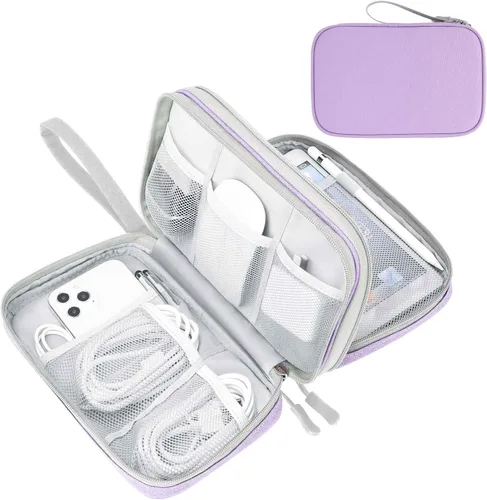 Vista 25 de FYY Organizador para cosas electrónicas, para viajes, para cables, celular y auriculares, estuche portátil, impermeable, doble capa, bolsa de Rosa