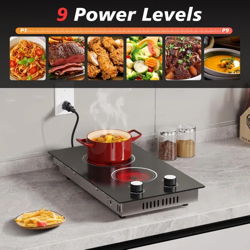 Vista 5 de Placa de cocina eléctrica, 2 quemadores, estufa eléctrica de 110 V 2000 W con control de perilla, encimera eléctrica radiante de 12 pulgadas e