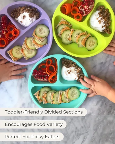 Vista 7 de Hippypotamus Platos para niños pequeños con succión, platos para bebés 100% de silicona de grado alimenticio con tapas, aptos para microondas