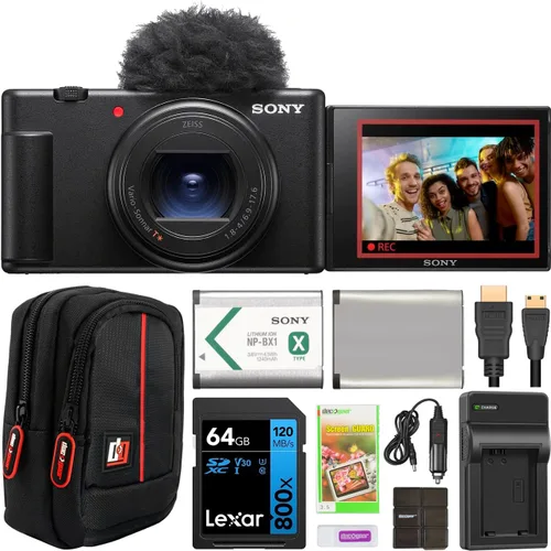 Sony ZV-1 II - Cámara de vlog con video 4K y 20.1MP para creadores de contenido y vloggers, paquete negro ZV-1M2/B con estuche Deco Gear + batería