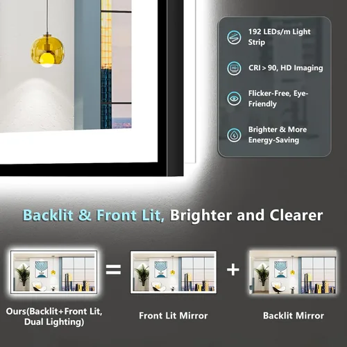 Vista 27 de Espejo de baño LED de 20 x 28 pulgadas con luces, retroiluminado y frontal iluminado antivaho para pared de baño, regulable, luz de 3