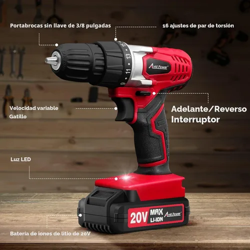 Vista 4 de AVID POWER Juego de taladro inalámbrico de litio de 20 V Max, kit de taladro eléctrico con batería y cargador, portabrocas sin llave de 3/8
