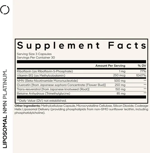 Vista 2 de Codeage Platino liposomal NMN - Suplemento NMN de 500 mg, mononucleótido de nicotinamida, precursor de NAD - Quercetina, resveratrol, betaína TMG
