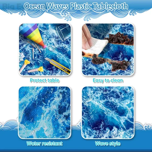 Vista 3 de Mantel de plástico con estampado de olas del océano azul bajo el mar, para playa, piscina, fiesta de cumpleaños, suministros de decoración de 1