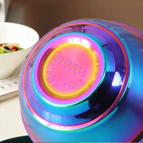 Vista 8 de Juego de cuencos arcoíris de 14 onzas con 4 cuencos de sopa y 4 cucharas de sopa, cuencos de cereales de doble pared de acero inoxidable 304