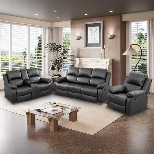 Vista 30 de Juego de Muebles para Sala de Estar, Juego de Sofá Reclinable Manual, Juegos de Sofás Reclinables de Cuero Beige con Mesa Desplegable, Sofá