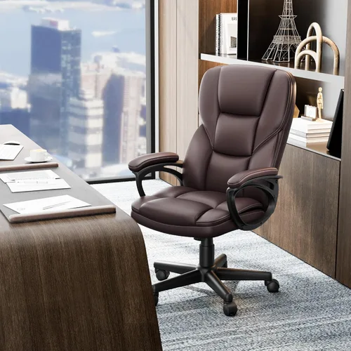 Vista 10 de Shahoo Silla de oficina ejecutiva, sillón ergonómico de piel sintética con respaldo alto para escritorio en casa con ruedas, color marrón