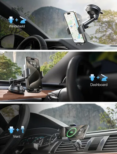 Vista 2 de LISEN Soporte de teléfono para automóvil, 3 en 1, para salpicadero, ventilación de aire, parabrisas, soporte de teléfono celular para automóvil