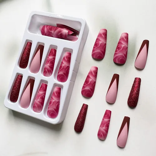 Vista 6 de 24 uñas postizas de punta francesa a presión, uñas postizas largas con diseño de rosa con purpurina, uñas postizas de cobertura completa, uñas
