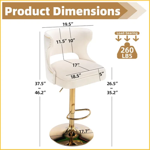 Vista 3 de Westice Gold - Juego de 4 taburetes de bar ajustables en altura de mostrador, modernas sillas giratorias de terciopelo con respaldo curvo, base