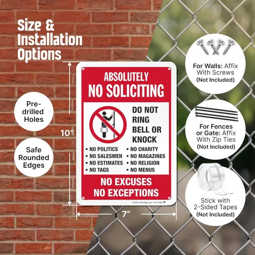 Vista 4 de SmartSign Cartel de metal de 10" x 7" "Absolutely No Soliciting Do Not Ring Bell No Excuses No Exceptions", 40 mil de aluminio laminado de grado