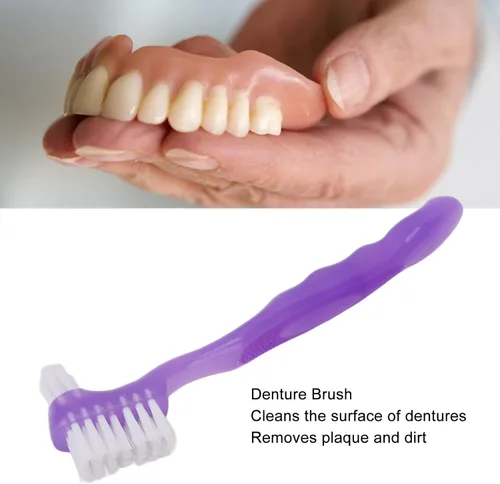Vista 7 de Cepillo de dientes para dentaduras postizas, pelo suave, seguro de doble cara para viajes en casa (morado)