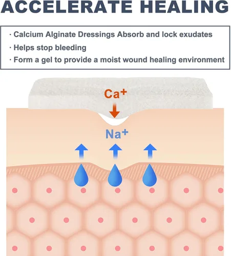 Vista 3 de LotFancy Almohadillas de alginato de calcio, parches de 4 x 4 pulgadas, paquete de 10, relleno antiadherente estéril, apósito altamente absorbente
