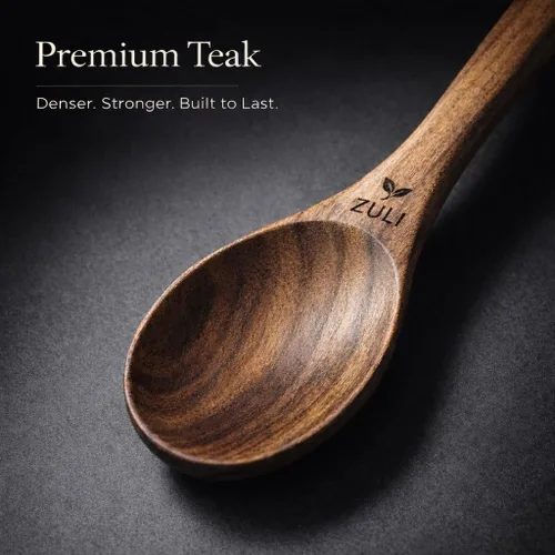 Vista 5 de Juego de utensilios de cocina de madera de teca de 6 piezas, cucharas y espátulas de madera para utensilios de cocina antiadherentes, no tóxicos
