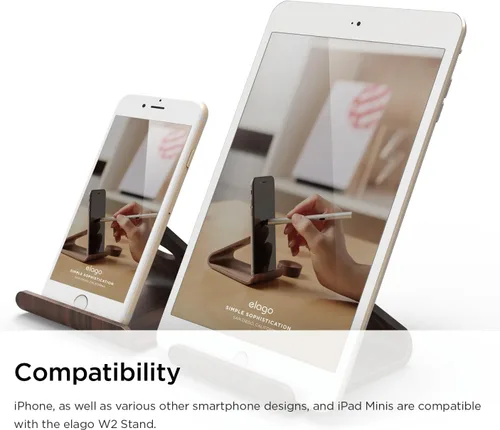 Vista 3 de elago® Soporte de madera de nogal auténtico, madera de nogal de alta calidad, gestión de cables, ángulo óptimo, para todos los iPhones, iPad Mini