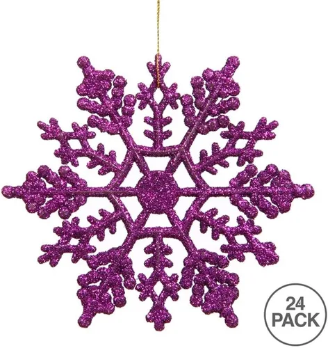 Vista 2 de Vickerman Adornos navideños de copo de nieve con purpurina de 4 pulgadas en color morado (juego de 24)