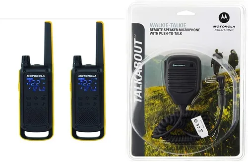 Motorola Soluciones T470 Radio bidireccional Negro W/Amarillo Recargable Paquete de dos y Motorola 53724 Micrófono de altavoz remoto (negro)