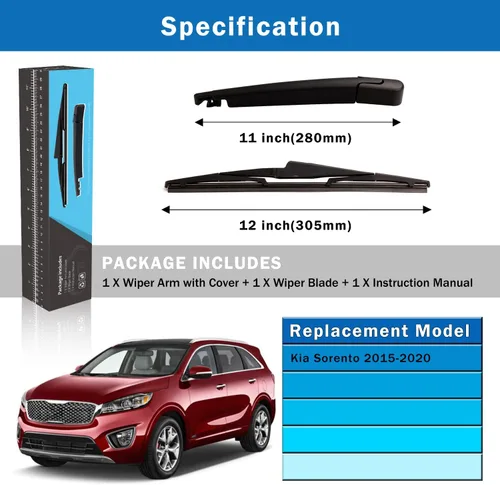 Vista 6 de WTI Juego de limpiaparabrisas trasero compatible con Kia Sorento 2015-2020, kit de limpiaparabrisas trasero, accesorios de repuesto