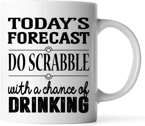 Vista 2 de Taza divertida de regalo con texto en inglés «For Who Do Scrabble» de 11 onzas – Today's Forecast Do Scrabble With A Chance Of Beber