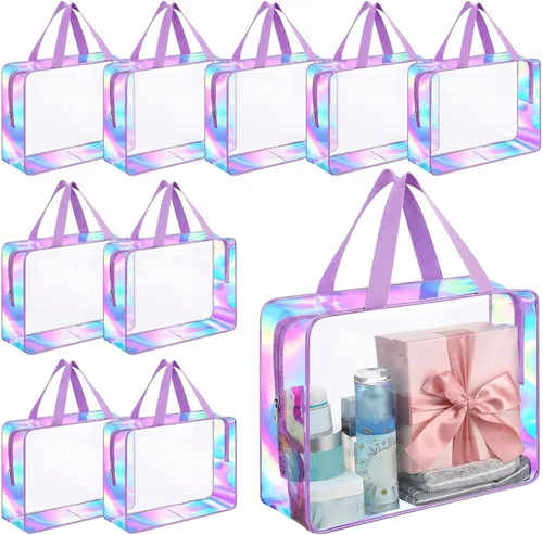 Vista 10 de Sweetude Neceser grande transparente con asa de gran capacidad, bolsa de maquillaje iridiscente para playa, bolsa de maquillaje de PVC transparente