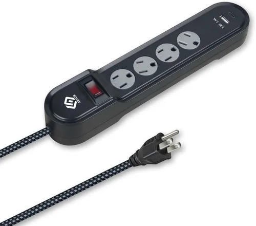 Vista 3 de OSKOS Regleta protectora de sobretensiones, 4 tomas, dos puertos USB 2.4A (1A+1C), cable de extensión de 6 pies, 500 julios, 15A/1800W, montaje