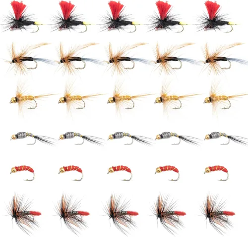 Vista 12 de Goture Kit de moscas de pesca con mosca, 25 piezas/30 piezas/100 piezas señuelos de pesca con mosca, moscas secas, moscas húmedas, streamers