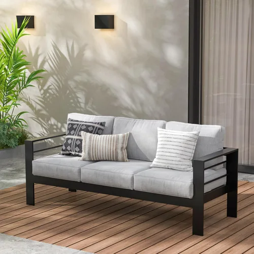 Wisteria Lane - Juego de muebles de patio con sofá de aluminio, sofá para todo tipo de clima al aire libre de 3 plazas, silla de metal negro con