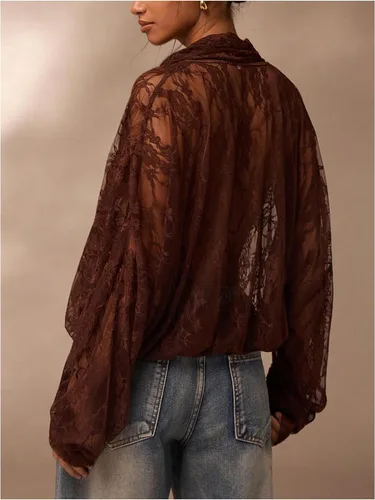 Vista 3 de SOLY HUX Blusa de encaje para mujer, manga larga, malla transparente con lazo frontal Marrón (pure brown)