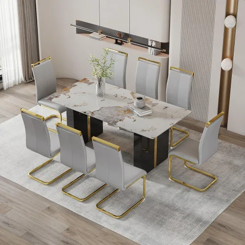 Vista 15 de Mesa de comedor moderna para mesa de comedor de mármol sintético blanco de 6, 8, 71 pulgadas, con patas negras y doradas, mesa de cocina rectangular